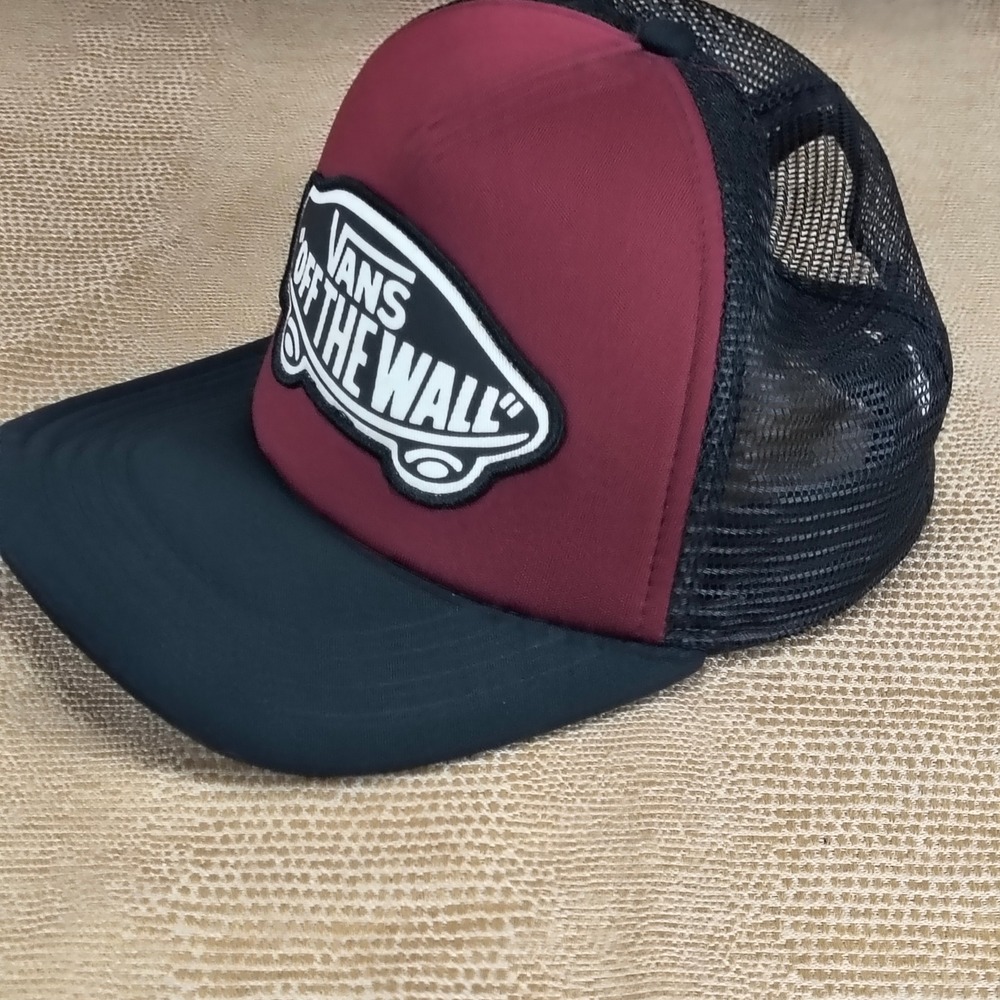 Vans Off The Wall Trucker Hat Mens Burgundy Black Mesh Snapback Skater Cap - Picture 4 of 10